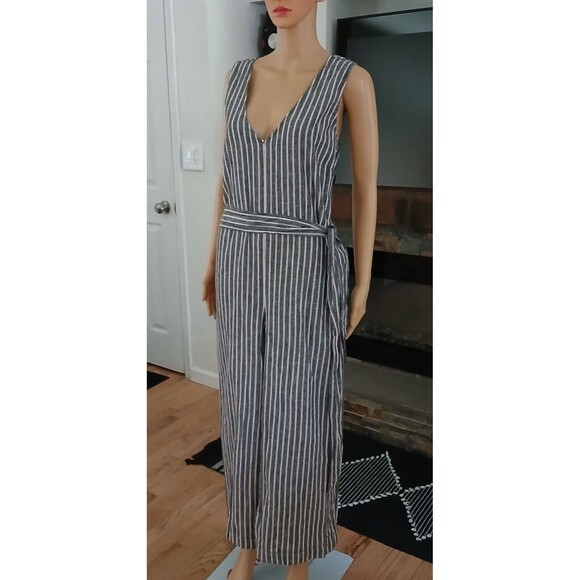 Wide Leg Linen Blend Jumpsuit Romper Sleeveless Pinstriped Pockets Wrap Belt XL - Picture 5 of 16